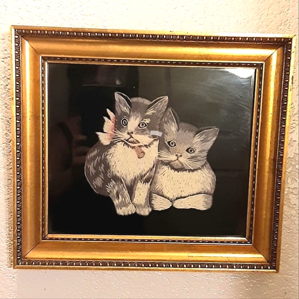 Vtg Kitten Cat Needle Point Gold Framed Picture